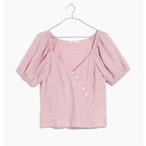 NWOT Madewell linen-blend puff-sleeve button-wrap top in plaid - Picture 1 of 4